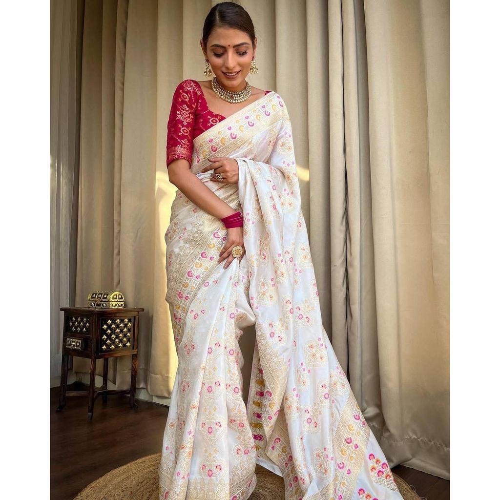 Silk Saree from the ALMAARI Store Is Adorned with Beautiful Zari Work In Form of Traditional Motifs.