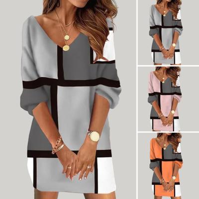 Women Autumn Winter Casual Dress V-neck Long Sleeve Geometric Contrast Color Print Oversized Vacation Dress Streetwear