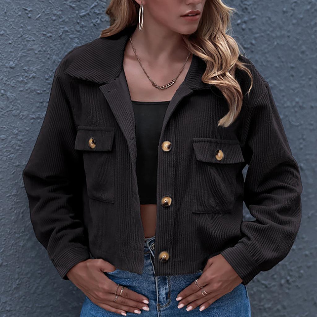 Women's Fashion Casual Corduroy Button Prokets Solid Long Sleeve Shirt Coat