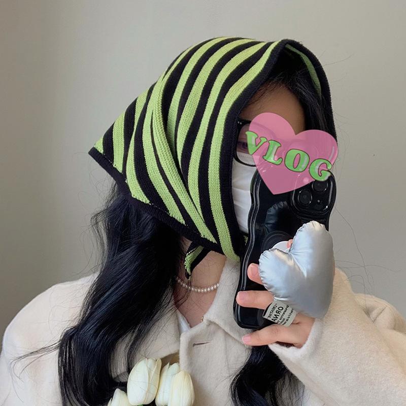 New Striped Triangle Scarf Women's Wool Knitted Scarf Korean Version Ins Outer Warm Small Scarf