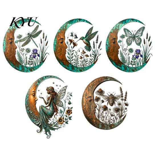 Indoor Outdoor Yard Ornaments Vintage Crescent Moon Wall Art, Fairy Witch Bee Dragonfly Iron Hanging Floral Metal Fence Accent Decor, Sculpture