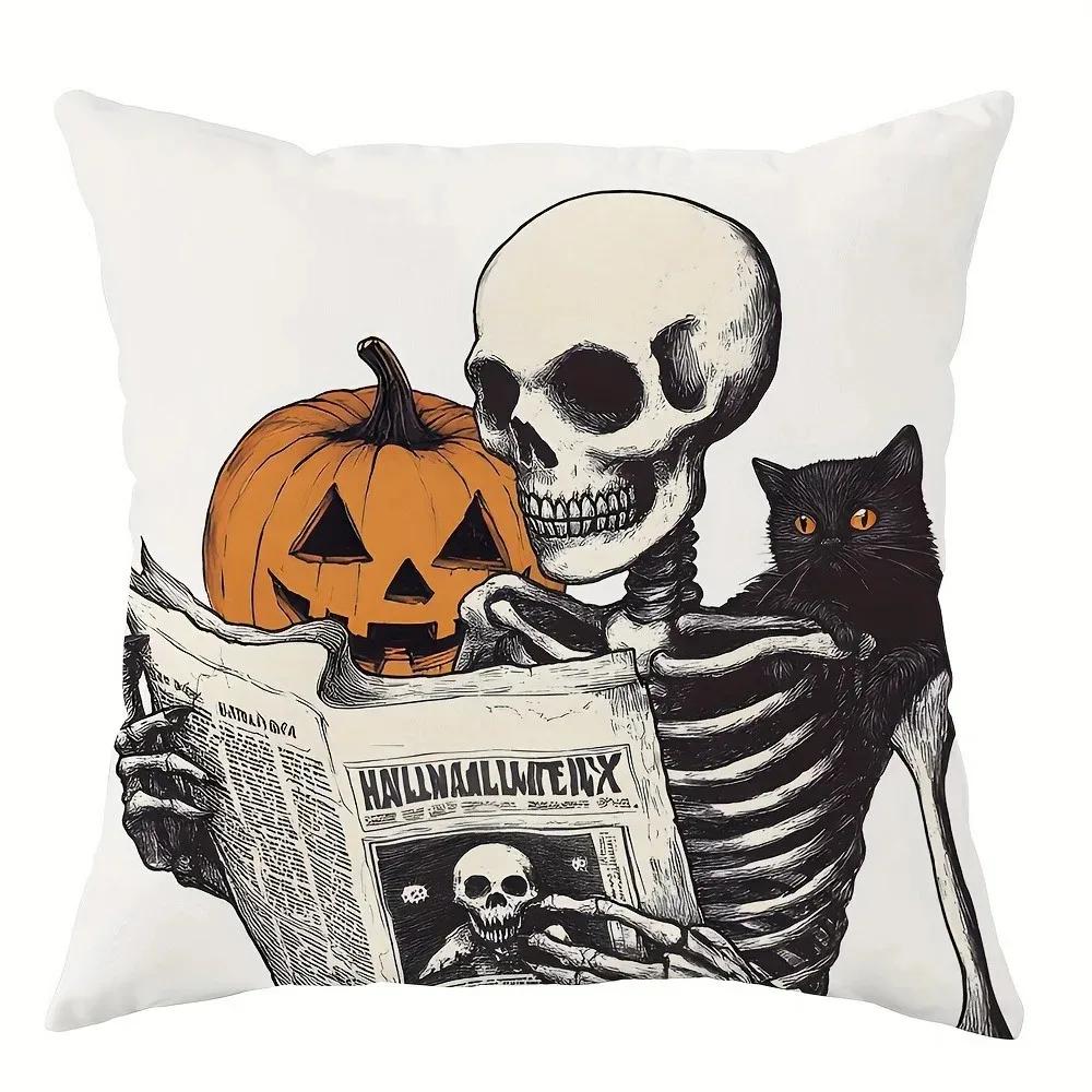 Skull Pumpkin Printed Pillowcase, Gothic Style Sofa Cushion Cover, Horror Themed Living Room Decoration, Halloween Home Goods