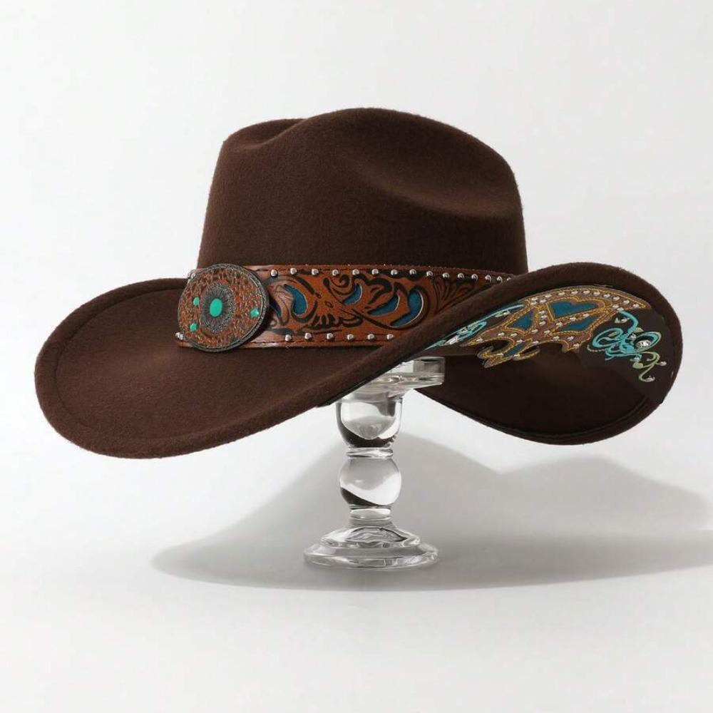 Turquoise Decor Wide Brim Sun Hat Embossed Band Cowgirl Hat Stage Performance Hat For Women Man
