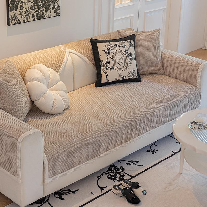 Cremefarbenes Sofakissen im Vier-Jahreszeiten-Stil, universeller Vollbezug, Handtuch, komplett eingewickelter Bezug, Waffelmuster, hochwertiges Sofakissen, rutschfest