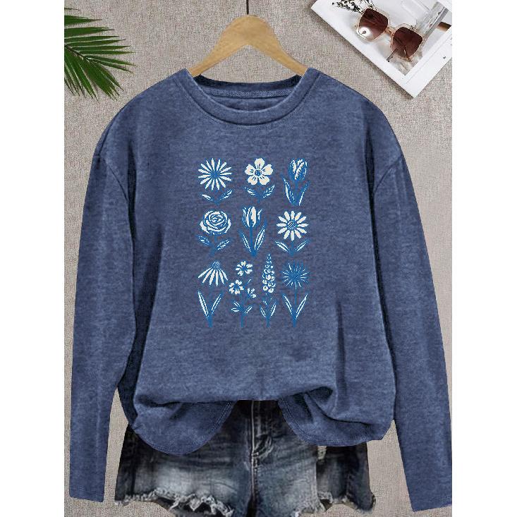 Elegant long-sleeved gift for women Blue multi-category daisy tulip rose fresh floral print pattern vintage round neck T Fresh and stylish,
