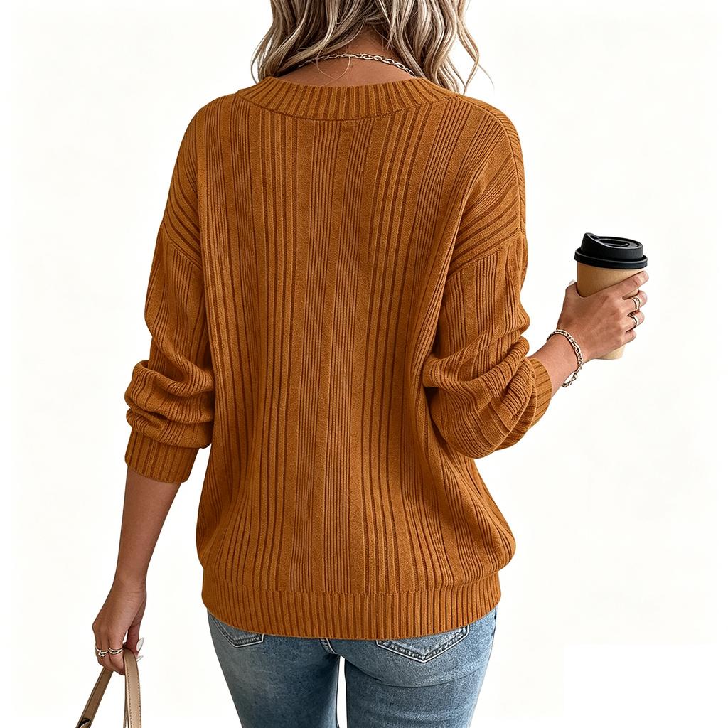Women's Casual V Neck Long Sleeve Knit Pullover Top