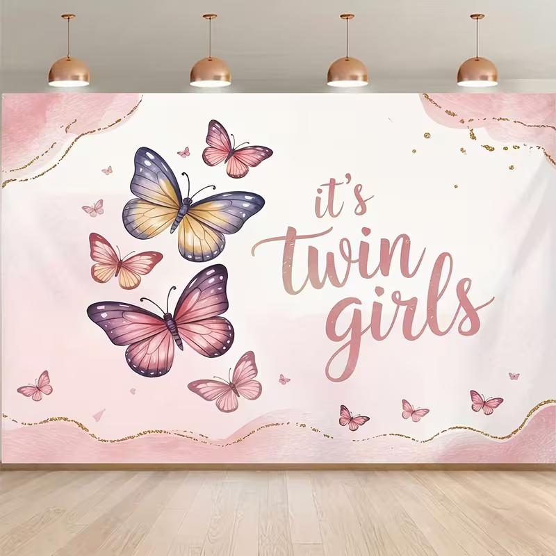 2D Glitter Gold Trim Pastel Butterfly Twin Girls Baptism Cake Smash Photography Backdrop 47.2x31.5inch/120*80cm