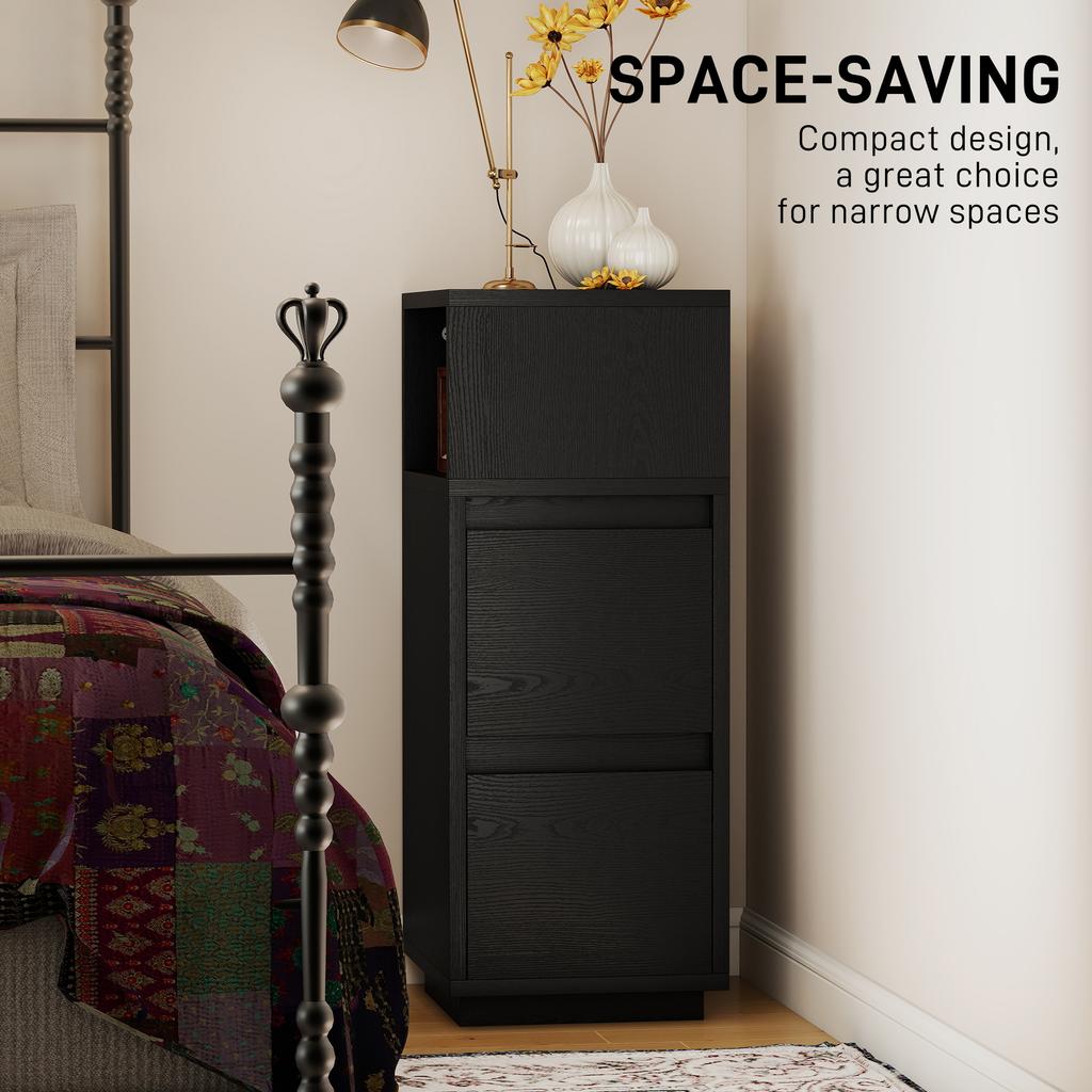 Slim Bedside Table, Narrow Bedside Cabinet with Open Shelf and 2 Drawers for Bedroom, Living Room, Black