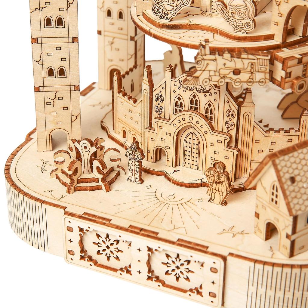 Hallisun Adult 3D Wooden Puzzle with Music Magic Castle Rotating Train Building Model DIY Assembly Mechanical Building Craft for Boys and Girls