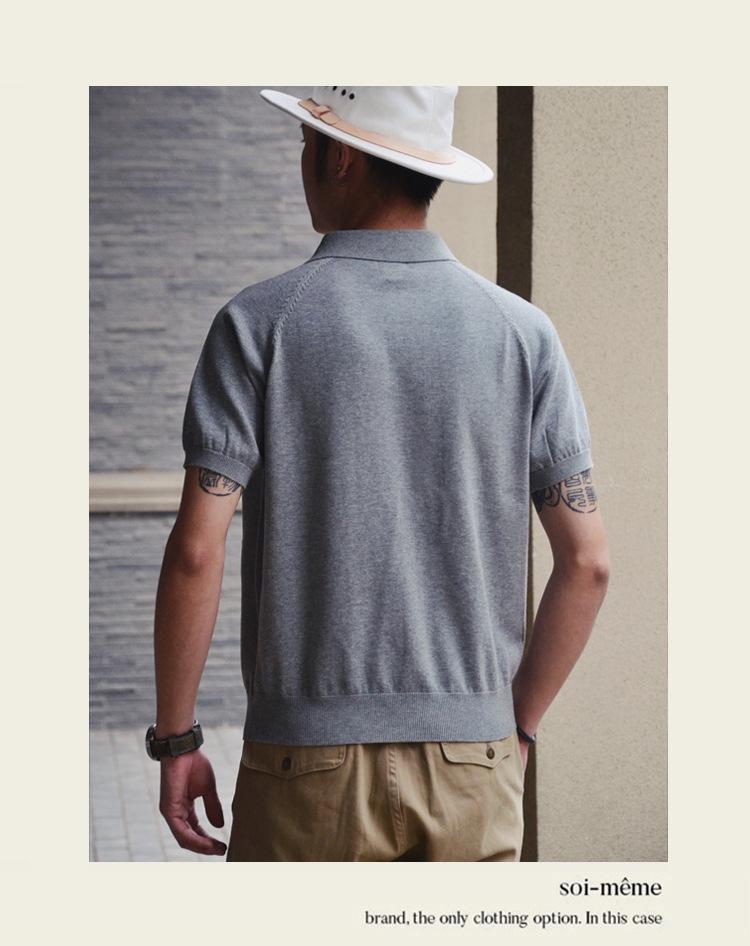 Men's Italian Khaki Knitted Polo Shirt - American Retro Short-Sleeved Cotton Tee for Summer