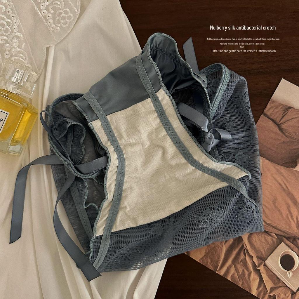 Silk Satin Lace Bow Mesh Women's Semi-Sheer Hip-Wrap Briefs