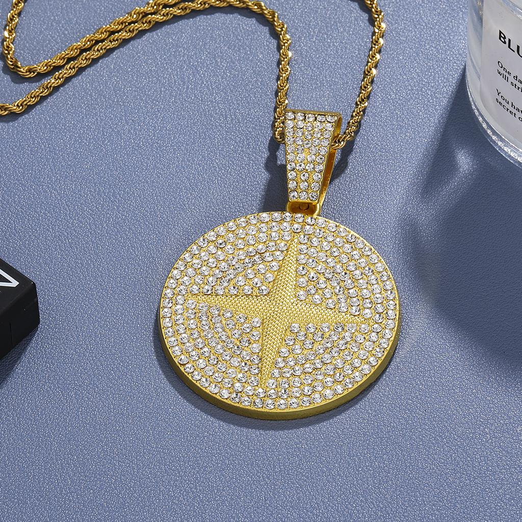 Men Hip Hop Long Cuban Chain Set Full Diamond Cross Star Round Plate Pendant European American Street Personality Niche Fashion Neck Jewelry Gift