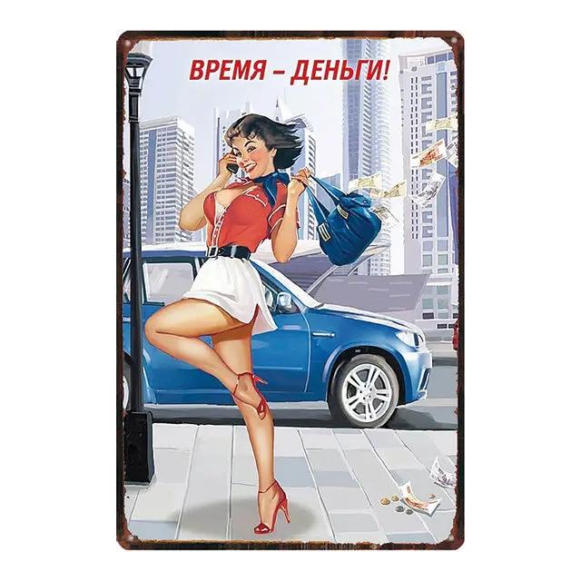 Vintage Russian Cartoon PinUp Girl Metal Tin Sign Retro Iron Painting Plaque for Pub Cafe Home Wall Decor Sexy Girl Poster