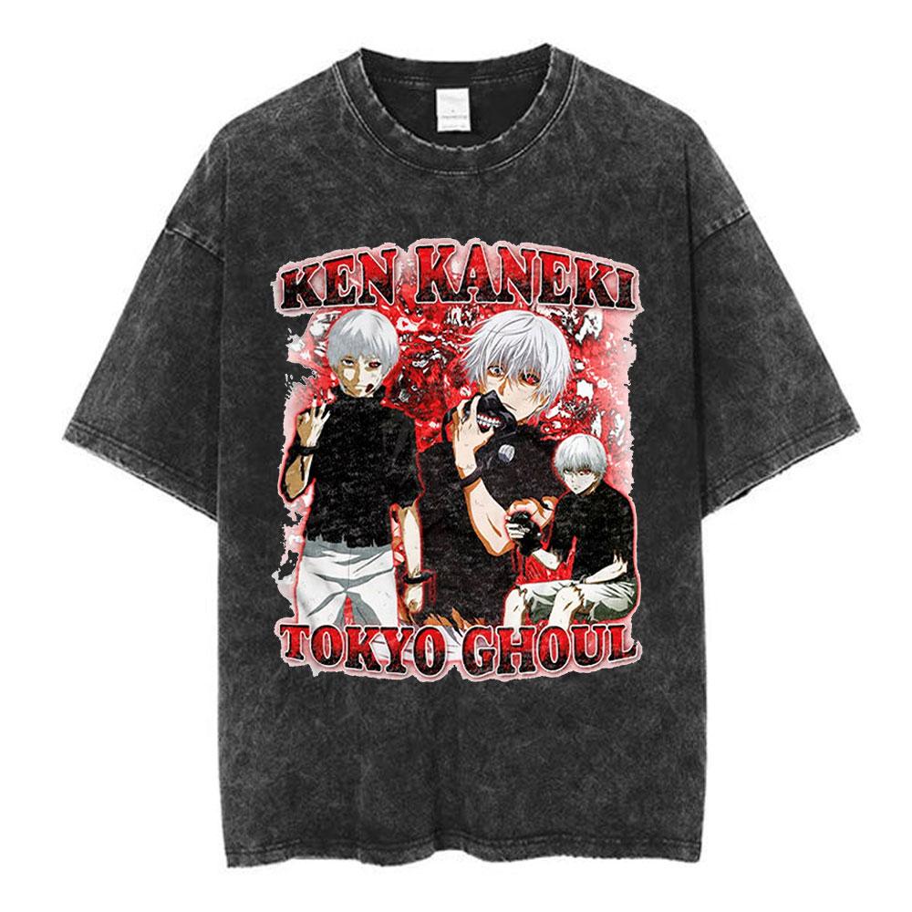 Vintage Washed Anime Tokyo Ghoul Spider Lily T Shirt Manga Cool Ken Kaneki Eyes Tshirts Gothic Short Sleeve T Shirts