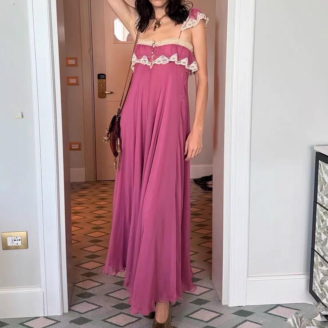 

Макси-платье с пэчворком из французского кружева - Стройнящее, Сексуальное, Без рукавов, Майка, Доступно весной 2026 г. S розовый