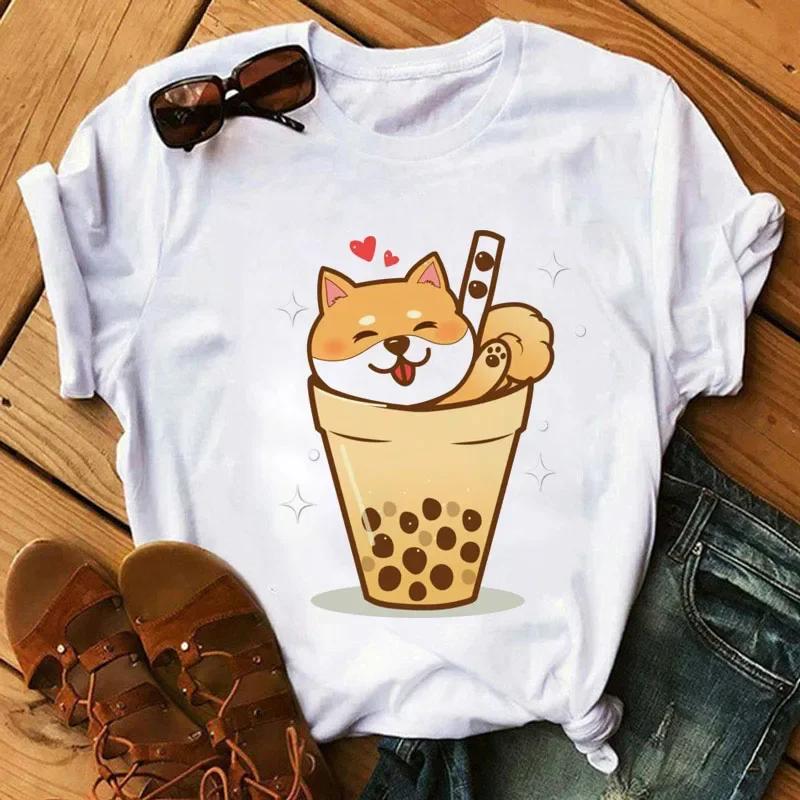 Kawaii Cartoon Milk Tea Printed T Shirt Women Fashion T Shirt Casual Tops 90s Girls Ladies Female Short Sleeve Cute Graphic Tee