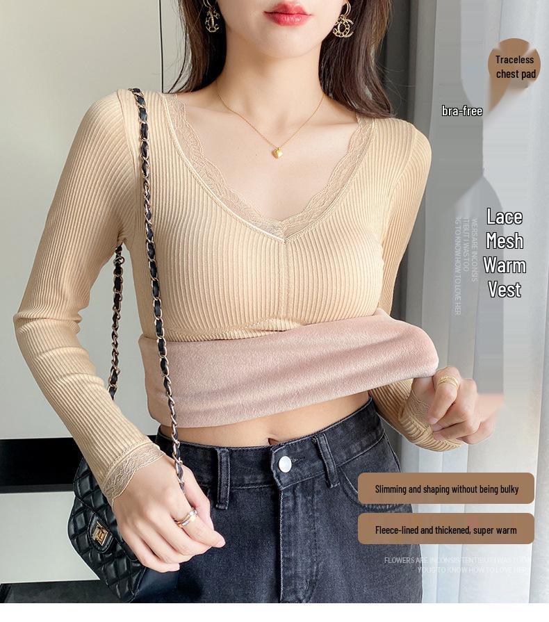 Warmer Damen V-Ausschnitt Spitzen-Patchwork Thermo-Top mit Brustpolstern, Fleecegefütterte Langarm-Basisschicht für Winter und Herbst.