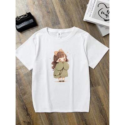 Tamanho Europeu Feminino e Infantil Camiseta com Estampa de Anime - Estilo Coreano Fofa Fantasia de Anime Manga Curta Gola Redonda Top Casual de Verão para Looks