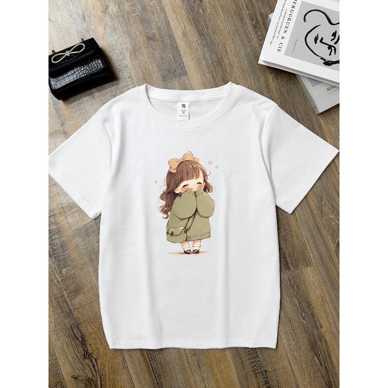 European sizes Women's & little Anime Print T-Shirt - Korean Style Cute Anime Costume Short Sleeve Round Neck Summer Casual Top for Outfits
