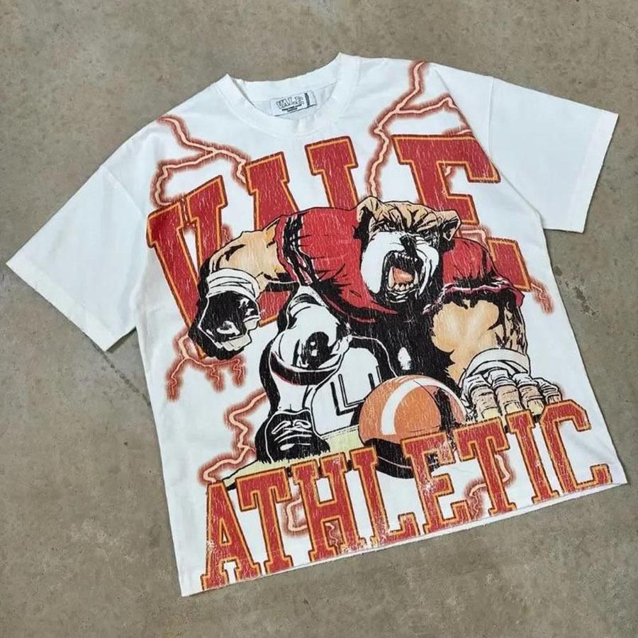 T-shirt Oversize Streetwear Retrò Americana con Stampa Scura e Effetto Usurato