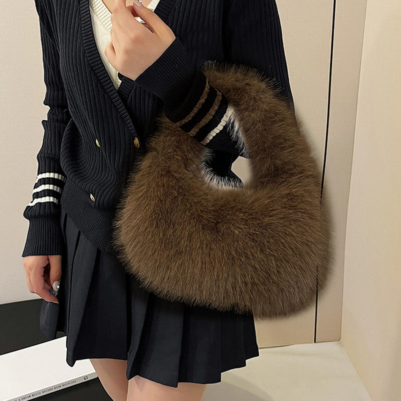 Fashion Soft Plush Half Moon Bags for Women Designer Fluffy Faux Fur Lady Handbags Luxury Small Tote Female Winter Purses