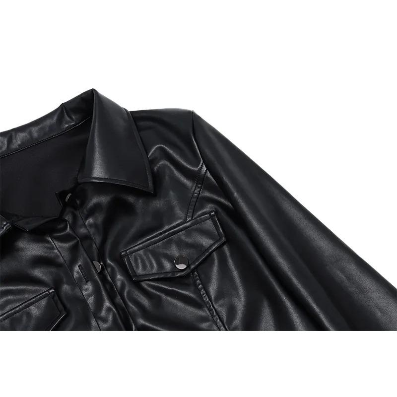 Faux Leather Short Jacket Y2K Turn-down Collar Fashion Botton Decoration PU Coat Grunge Street Casual Coat Sexy Girl Motorcycle Single Breasted Jacket