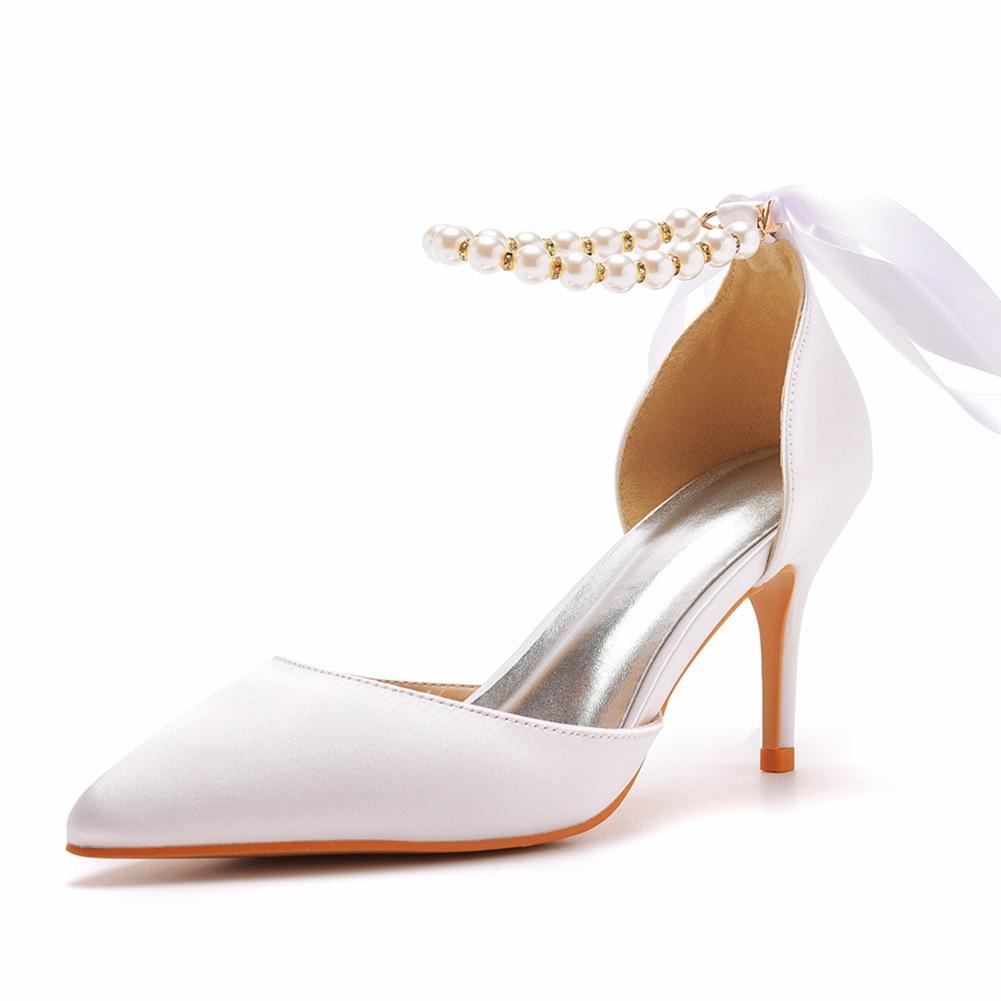 7cm Thin Heeled Large Size Sandals Banquet Women's Shoes Streamer Beaded High Heels Sandals Satin Dress Long Skirt Shoes