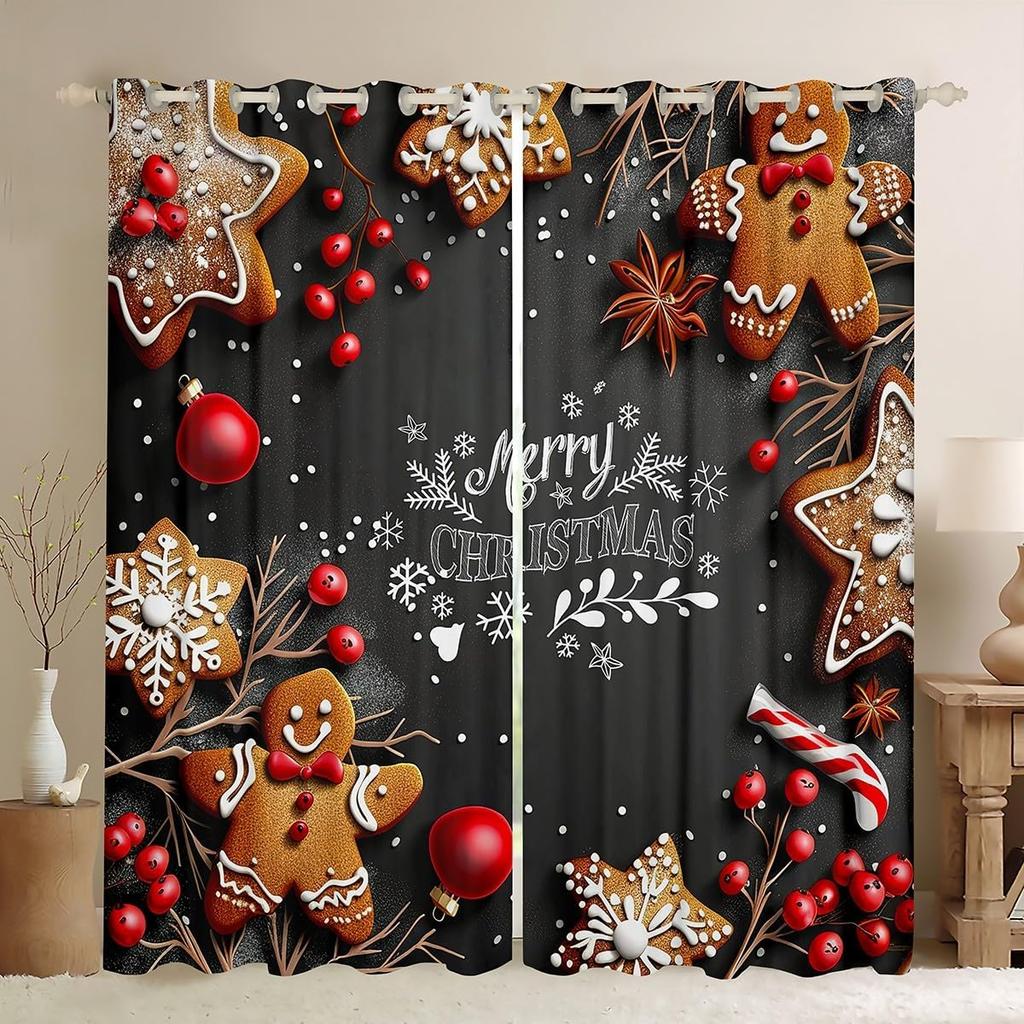 Christmas Gingerbread House Curtain Drapes Xmas Snowflake Window Curtains Kawaii Man Pattern Room Darkening Made Of Polyester