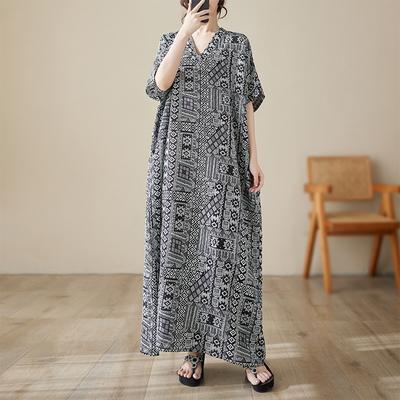 Φορέματα Άνοιξη-Καλοκαίρι με V λαιμόκοψη από βαμβάκι και λινό, Ρετρό μακριά ρόμπα, μεγάλα μεγέθη, χαλαρά, καλλιτεχνικά φορέματα για την παραλία