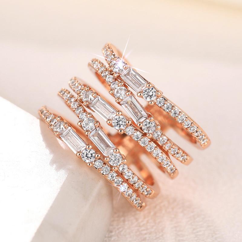 Huitan Rose Gold Color Multi-layers Cross Rings for Women Unique Design Luxury Wedding Band Accessories Brilliant CZ Jewelry