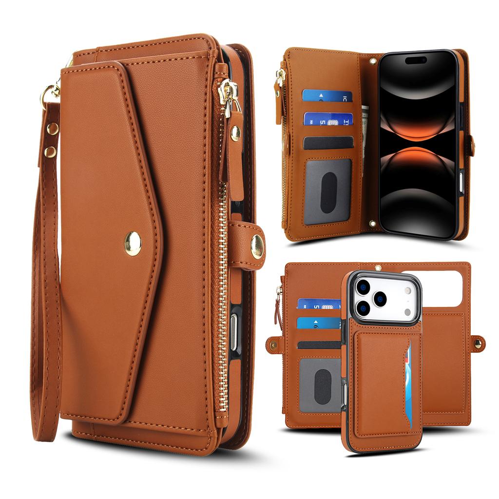 Crossbody Zipper Flip Multi Functional Detachable Wallet Leather Case For iPhone 17 Pro Max 16 Plus 15 14 13 12 11 Strap Cover