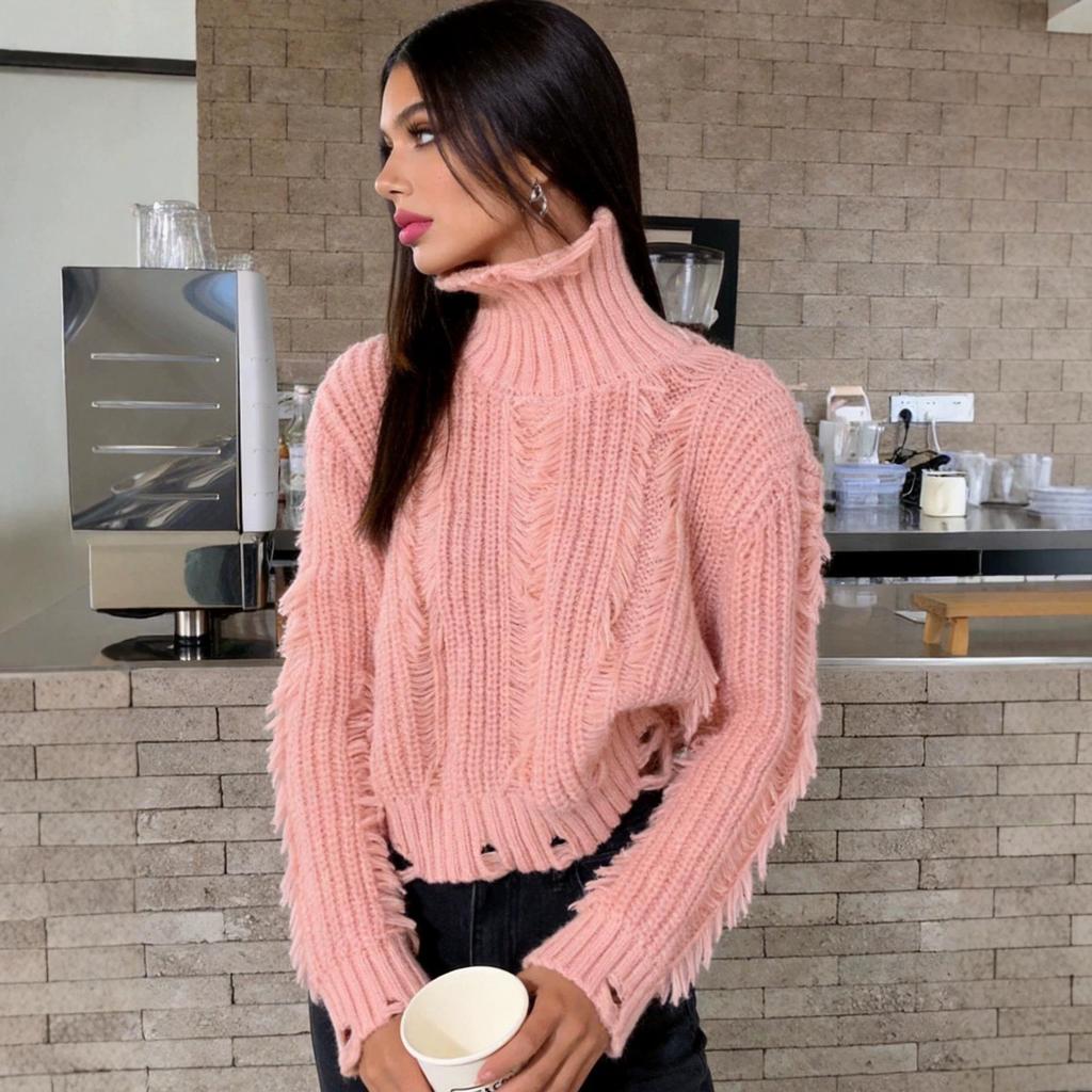 European Autumn/Winter Tassel Ripped High Neck Knit Sweater for Women