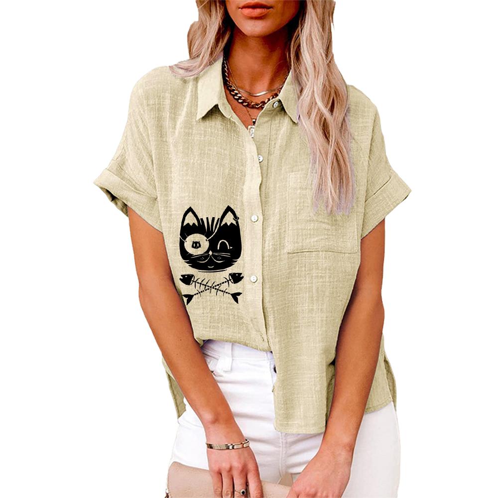 Plus Size Damenmode Bluse mit Katzendruck Sommer & Herbst Lockeres Kurzarmhemd mit Knöpfen Damen Casual Leinen T-Shirt