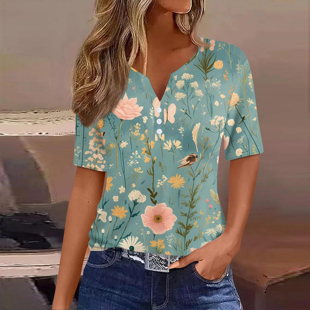 Women's T Shirt Print Button Short Sleeve Daily Weekend Fashion Basic V-Neck Regular Top