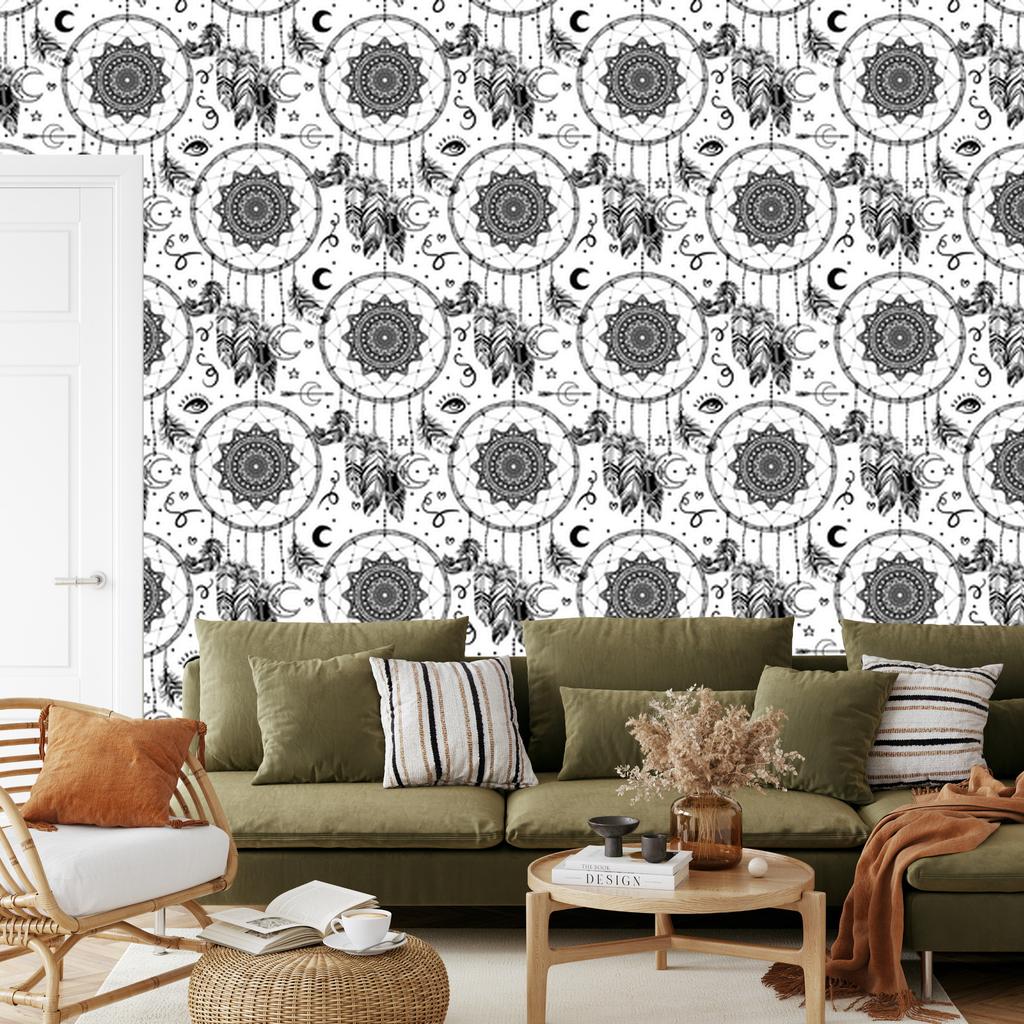 Black and white dream catcher wallpaper for living room and bedroom 50x1000