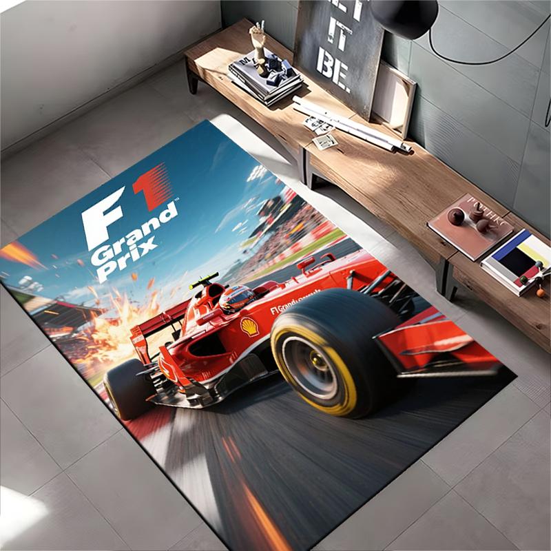 F1 Racing Area Rug, Formula 1 Grand Prix Red Ferrari Car Track Fire Print, Motorsport Fan Garage Decor, Non-Slip Mat