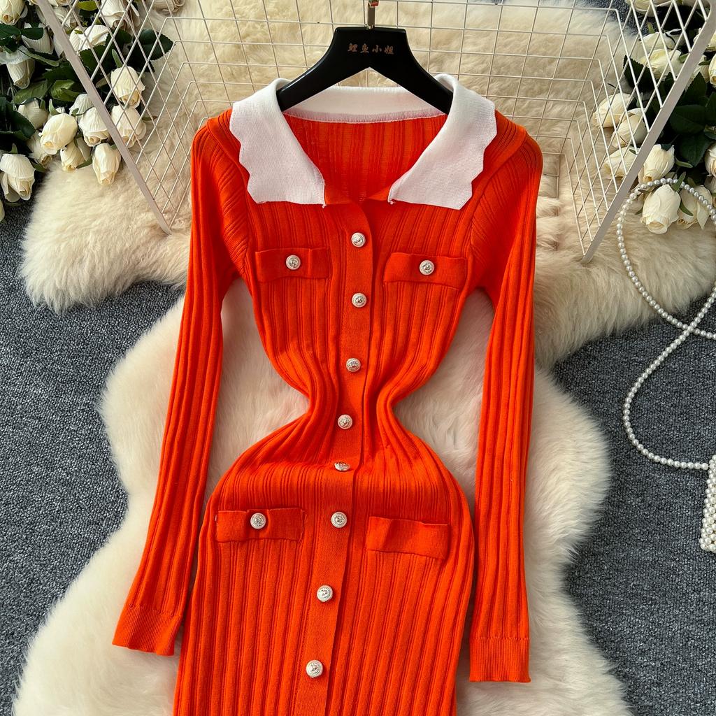 Autumn Winter Women Elegant Turn-down Collar Full Sleeve Knitted Sweater Long Maxi Sheath Dresses
