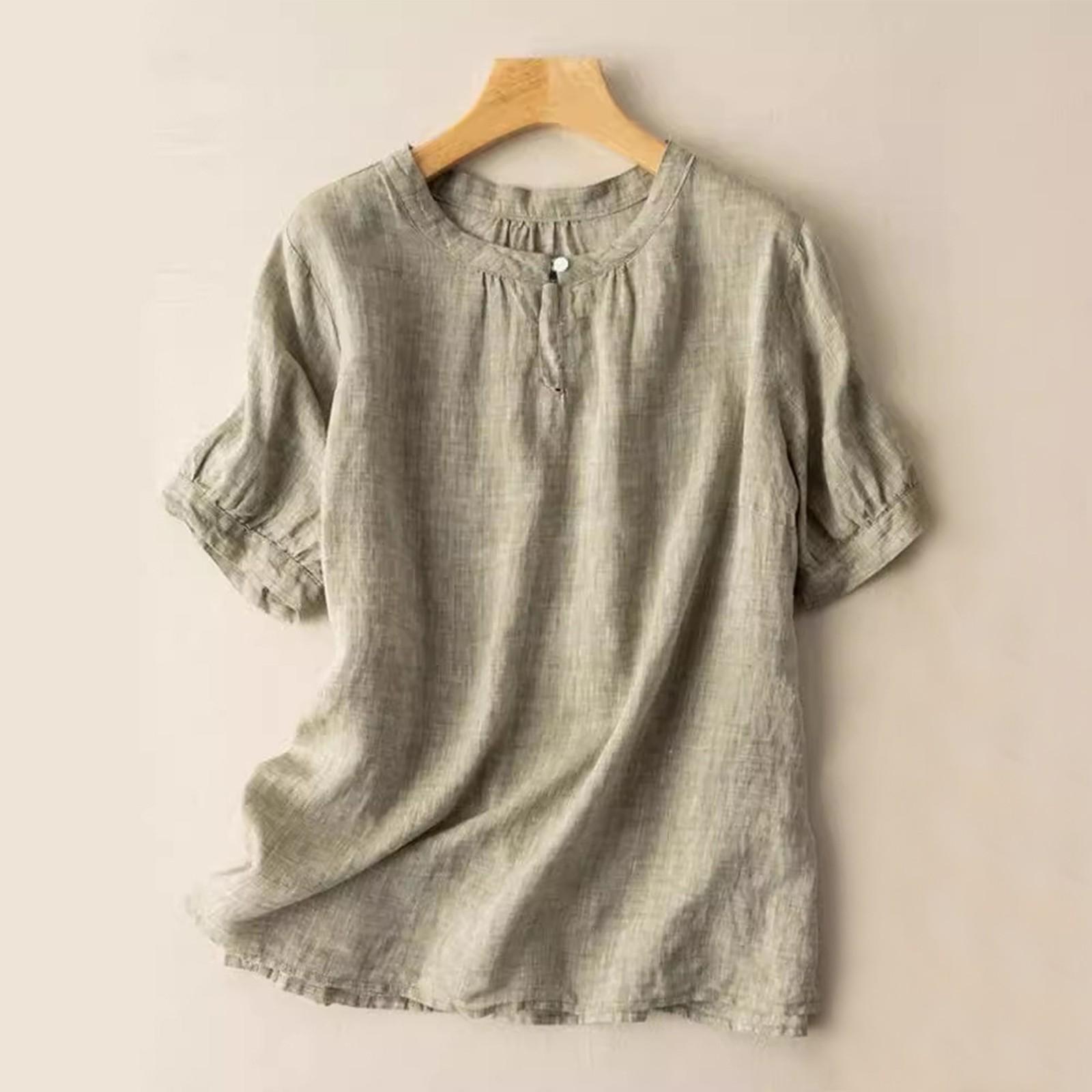 

Женская однотонная хлопковая и льняная футболка с короткими рукавами и вышивкой в стиле ретро, дышащая, с круглым вырезом L армия зеленый