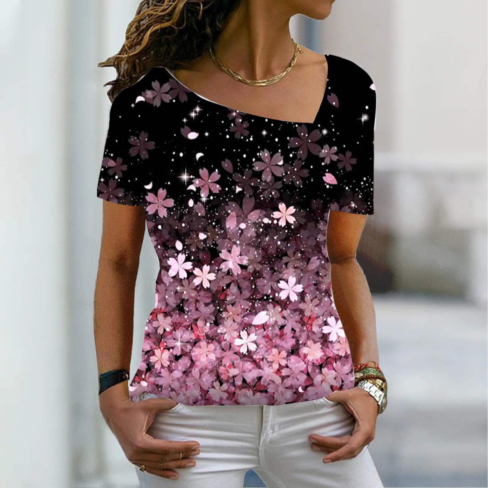 

Женская мода, новая футболка с коротким рукавом и цветочным принтом, базовый топ с V-образным вырезом, лето XS-8XL/3D-печать 4XL