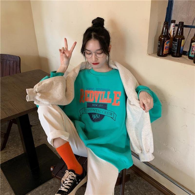 Women Long Sleeve O Neck Loose Pullovers Female Tops Solid Color Sweatshirts