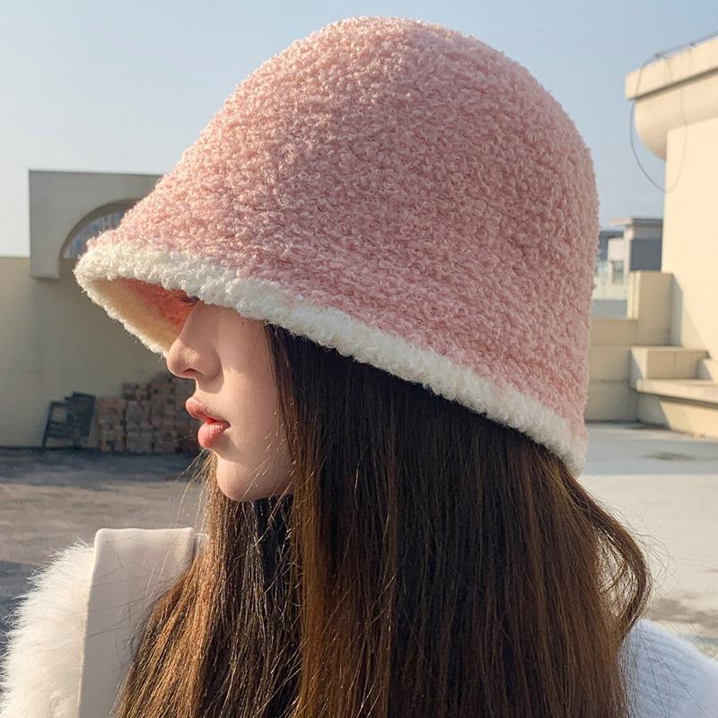 Fisherman's Hat Autumn Winter Lamb Plush Color Blocked Bucket Basin Hat Outdoor Warm Fashionable Women's Knitted Hat Hats & Caps (women’s)