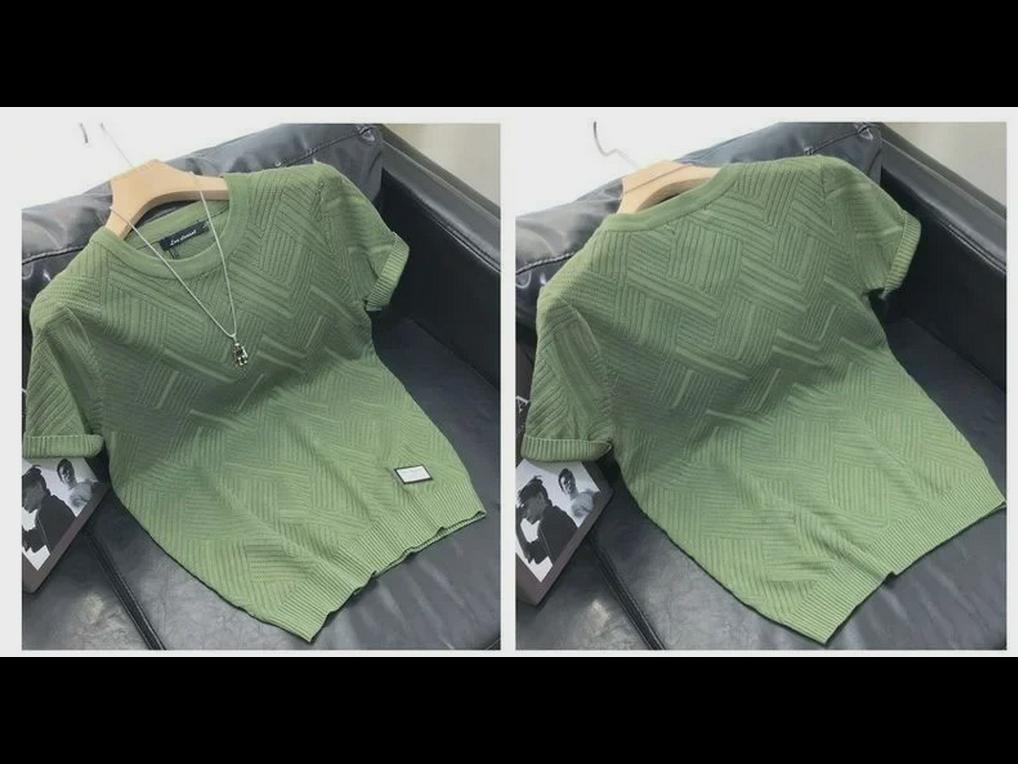 Trendy Men's Slim-Fit Jacquard Knit Sweater with Inner T-Shirt - Lightweight, Short-Sleeved Design