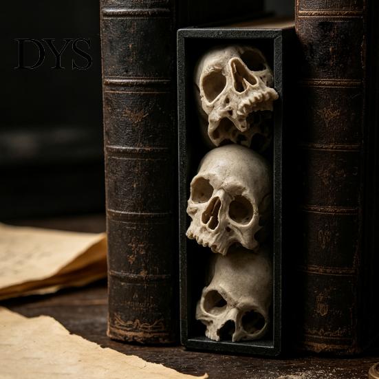 Office Desk Ornament Gothic Style Bookshelf Insert, 3 Tier Stacked Skulls Design, Spooky Home Decor 3D Printed Horror Themed Skeleton Sculpture,