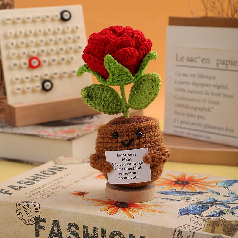Handgemachte Häkelrosenblumen mit positiver Karte Sonnenblumen Häkelblume Positive Emotionale Unterstützung Gestrickte Blumen Raumdeko