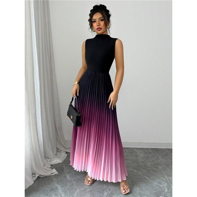 Graduated Color Sleeveless Round Neck Dress Long Skirt Korean Style Casual Fashion Comfortable Leisure Gradient Color Dress