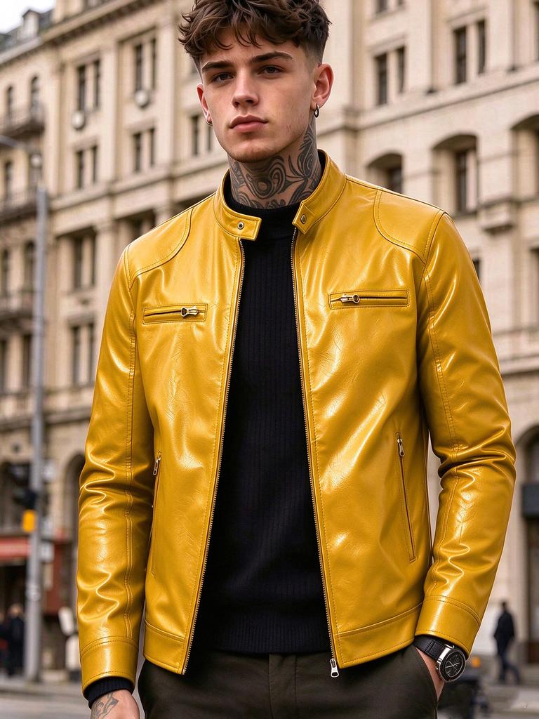 New men's stand-up collar PU leather jacket slim locomotive jacket spring and autumn business casual ruffian handsome jacket