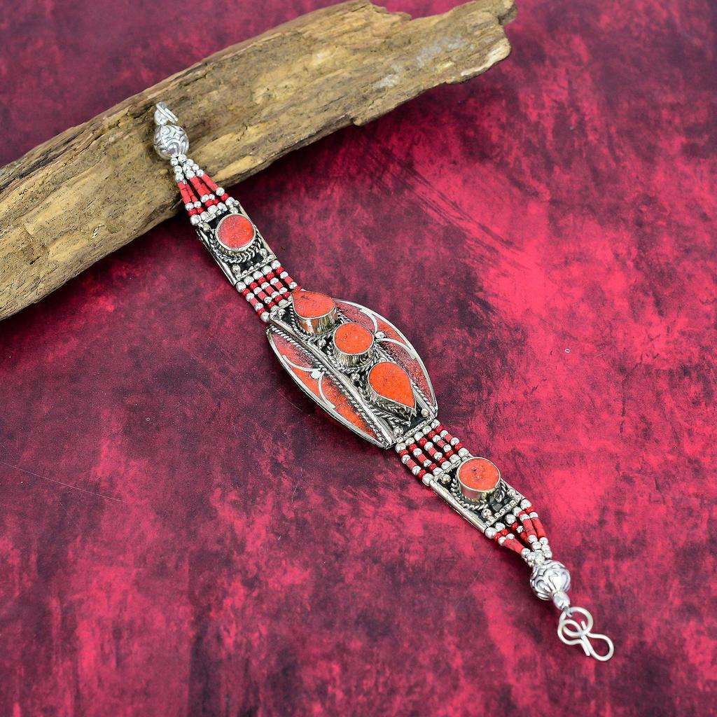 Red Coral Handmade Gemstone Bracelet, 925 Solid Sterling Silver Bracelet Antique Nepali Jewelry, For Engagement Gift