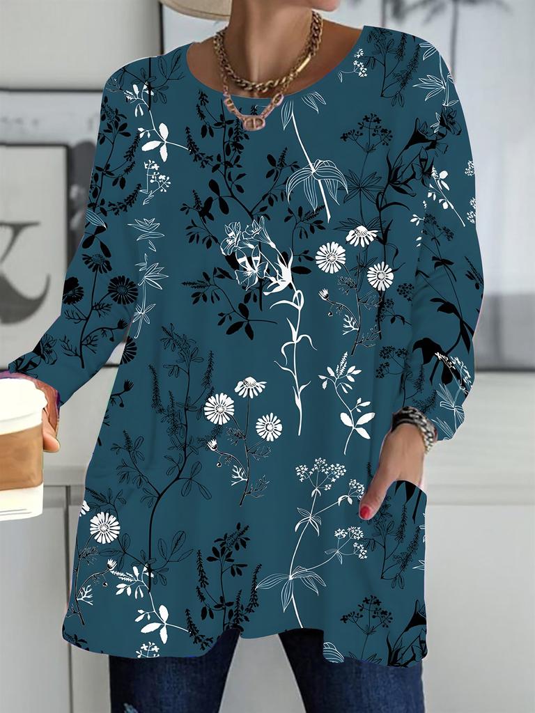 2025 Autumn Winter New Plus Size Women's Tops, Flower 3D Print Fashion Crew Neck Long Sleeve T-Shirts