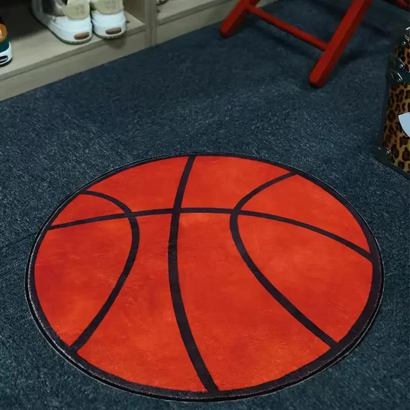 Basketball Pattern Round Area Rug–Sport-Themed Carpet for Living Room or Boys Room–Non-Slip, Washable Floor Mat, Game Room Decor