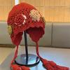 Handwoven double-layer flower wool hat women's autumn and winter warm versatile pullover hat travel fringed knitted hat